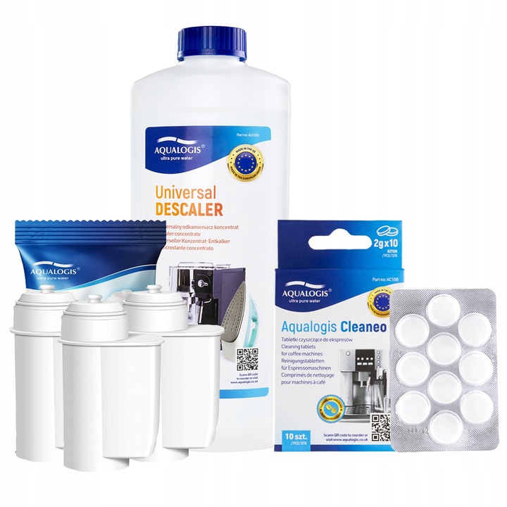 Szett 3x Al-Inte vízszűrő eszpresszógéphez + Univerzális vízkőoldó 1000ml + Cleaneo 10 tabletta