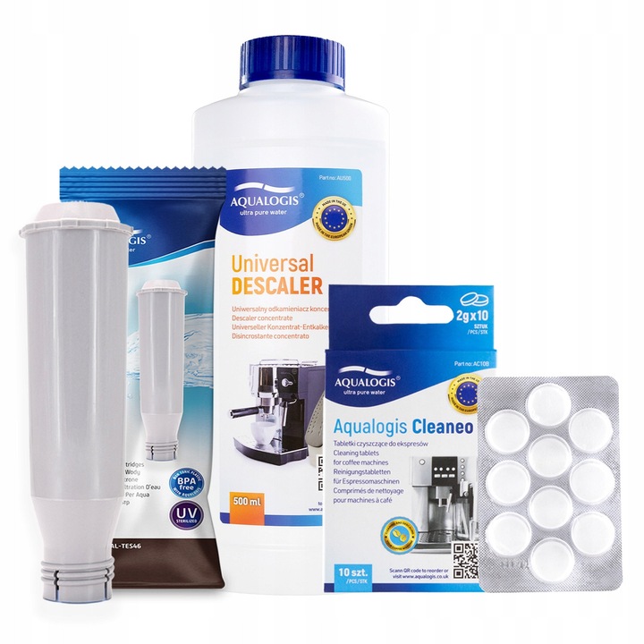Aqualogis kiegészítő szett eszpresszógéphez: AL-TES46 szűrő, 500 ml vízkőoldó, 10 Cleaneo tabletta