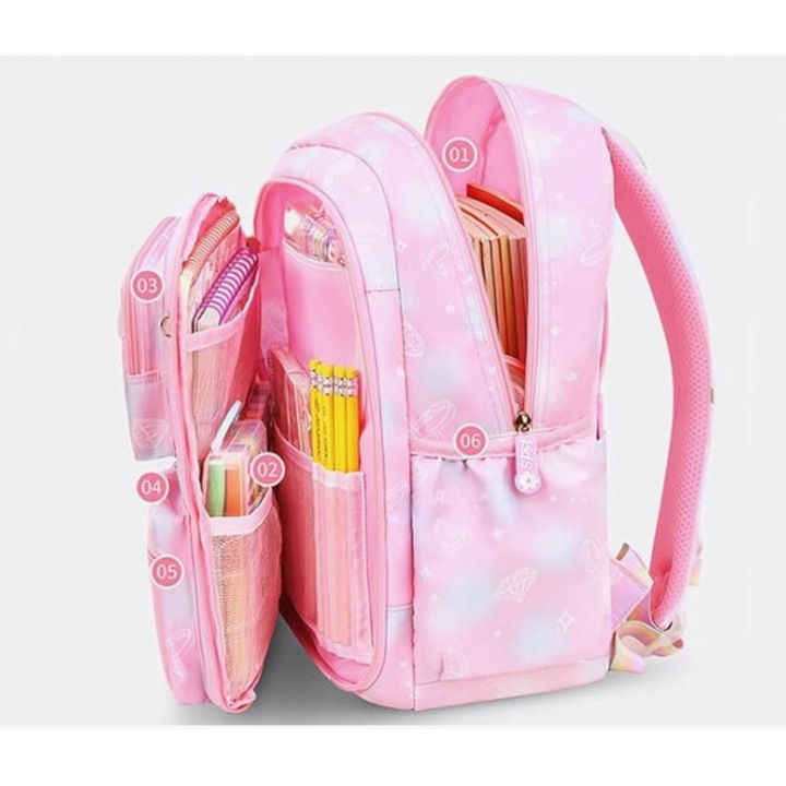 Ghiozdan scolar pentru fetite, set cu penar, multicolor, pentru clasa 1-3