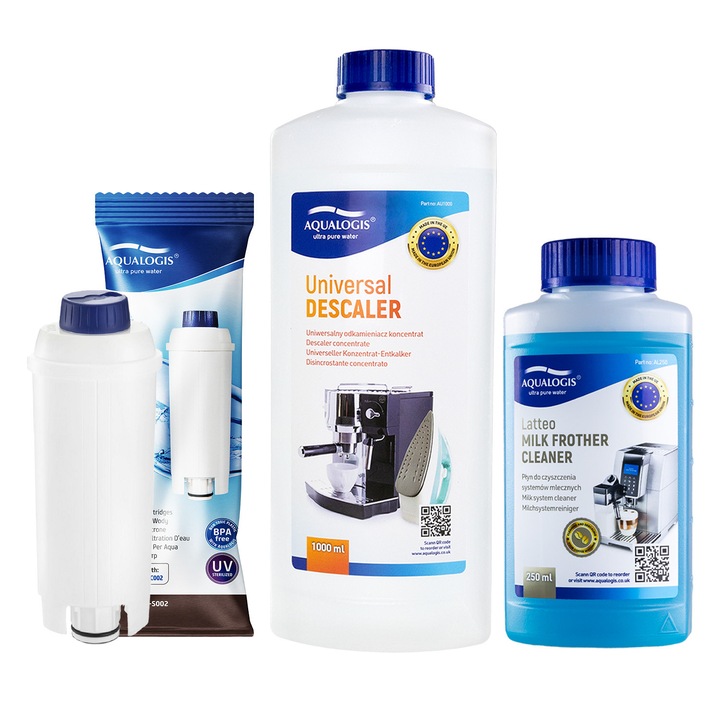 Aqualogis Eszpresszógép Tartozék Szett: AL-S002 Szűrő + 1000ml Vízkőoldó + 250ml Latteo Folyadék