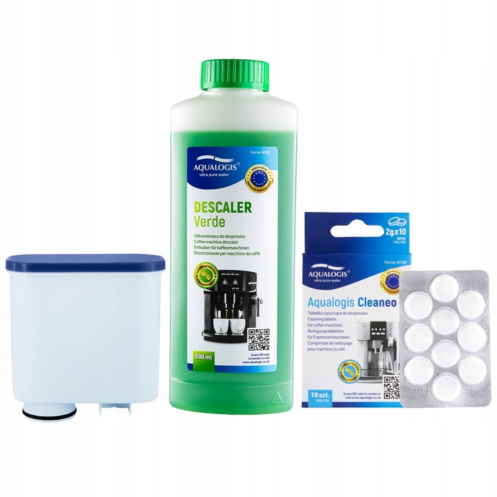 Aqualogis szett - AL-Clean szűrő eszpresszógépekhez, 500ml vízkőoldó, 10 Cleaneo tabletta