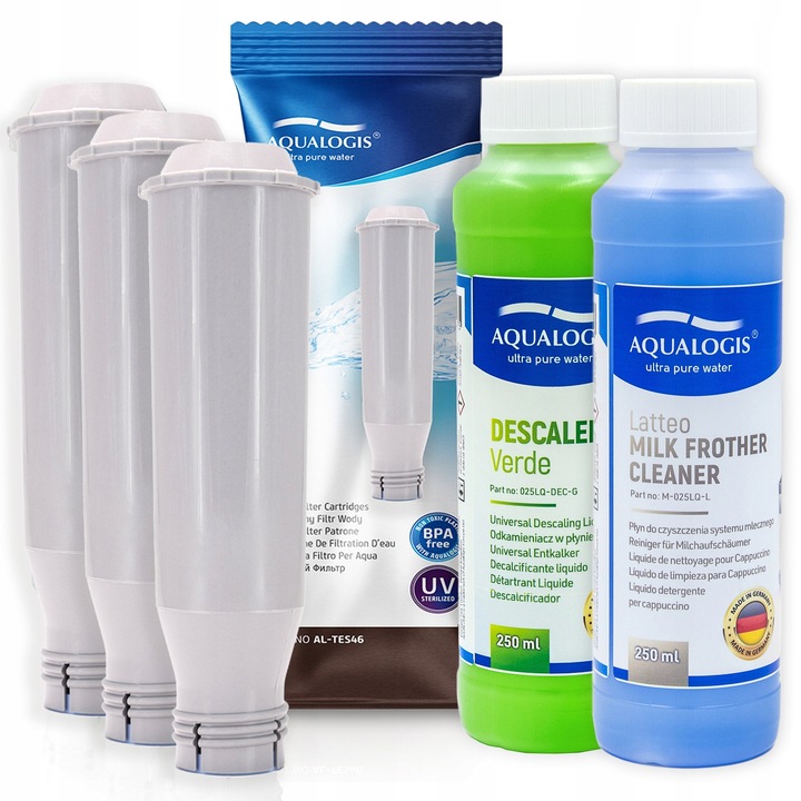 Set accesorii Aqualogis pentru espressor, filtru apa 20x15x10cm, lichid curatare 250ml, lichid decalcifiere 250ml