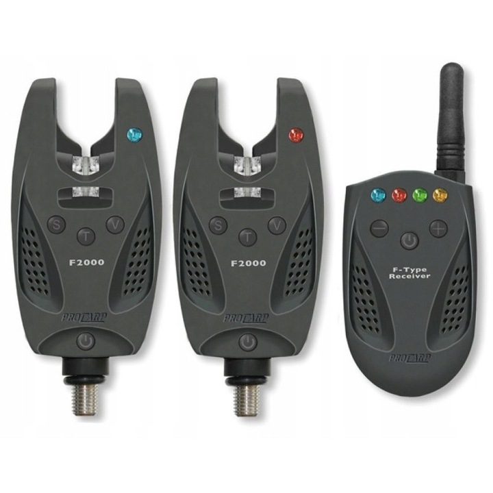 Set semnalizatoare Cormoran Pro Carp F-2000 2+1, reglaj sensibilitate, volum, multicolor, alimentare baterii 9V si 3x AAA