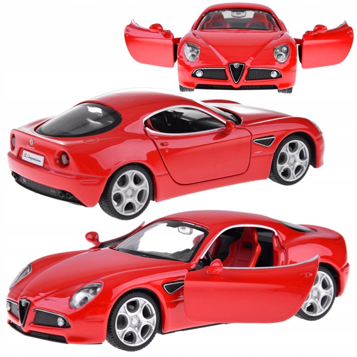 Метална количка Alfa Romeo 8C Competizione, MSZ, червена, 1:32, звукови и светлинни ефекти, отварящи се врати