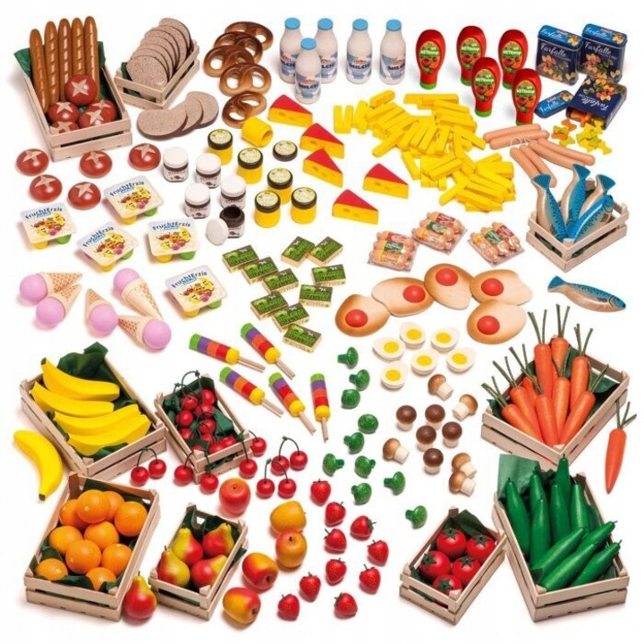 Set de produse alimentare din lemn pentru joaca, Erzi, 208 elemente, multicolor, 6,36 kg