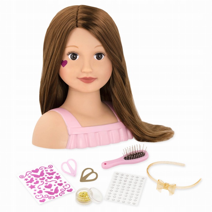 Cap de papusa pentru coafat cu accesorii, Our Generation, 23cm, par lung inchis, set complet