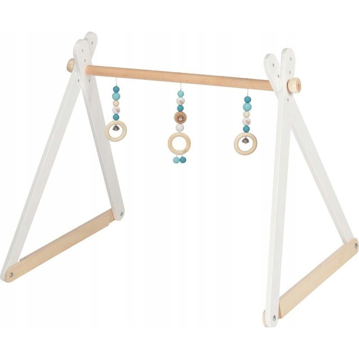 Suport educational din lemn Baby Gym, Goki, 3 jucarii cu margele si clopotei, 61x55x57cm