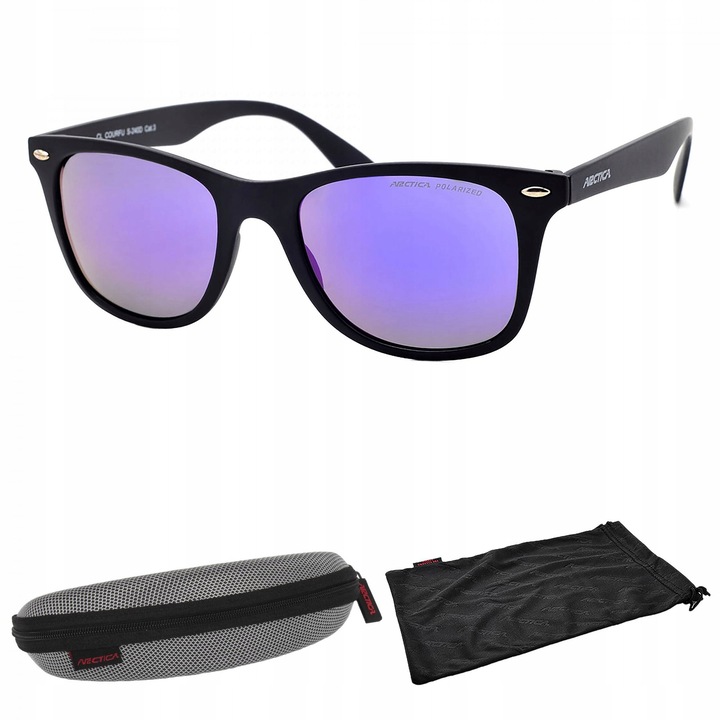 Ochelari de soare barbati Arctica S-240D, polari, lentile verzi cu oglinda purpurie, negru mat, dimensiuni 137x48x140mm, set complet cu etui si carpa de curatare