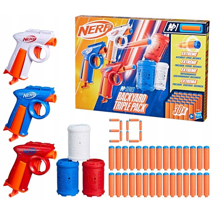 Set de arme de jucarie Nerf N Series, 3 Blastere Backyard Triple Pack, 30 sageti N1, 11x14cm