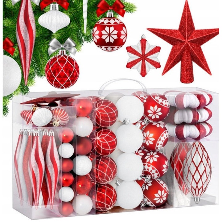 Комплект коледни топки 105 елемента, различни размери, мат, гланц, многоцветни
