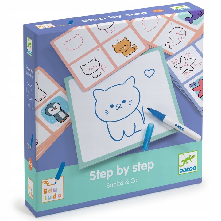 Joc educativ Eduludo Djeco, desenare pas cu pas, 12 modele, 20x20cm