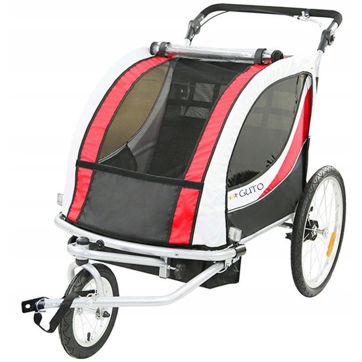 Przyczepa bicicleta Guto Deluxe 2 in 1 pentru 1 sau 2 copii, rosie, capacitate 40 kg, dimensiuni 90x70x18cm