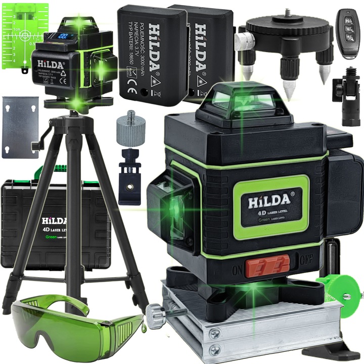 Nivela laser 4D Hilda 16 linii, set 18 elemente, cu stativ 160 cm, verde