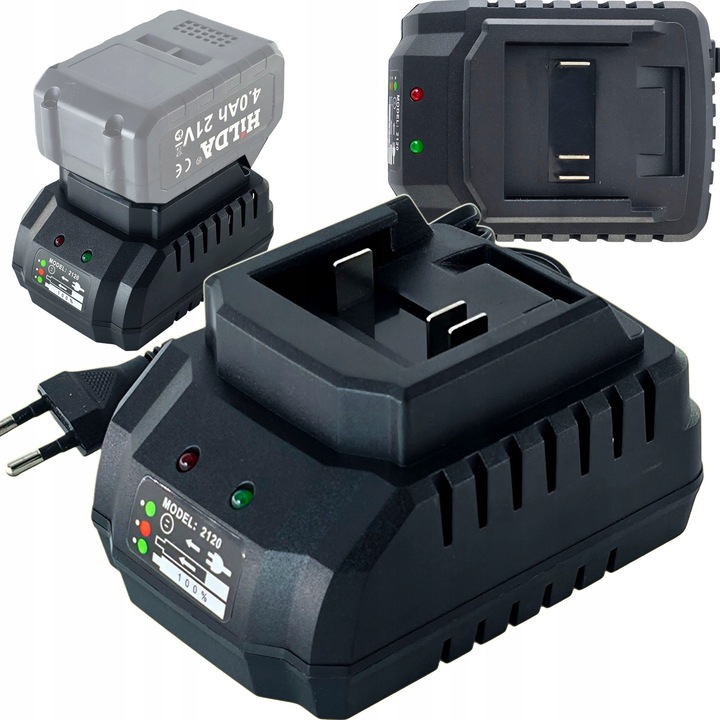Hilda 21V 2A gyors töltő, kompatibilis Makita akkumulátorokkal, elektronikus védelem, méretek 95x130x70mm, fekete szín