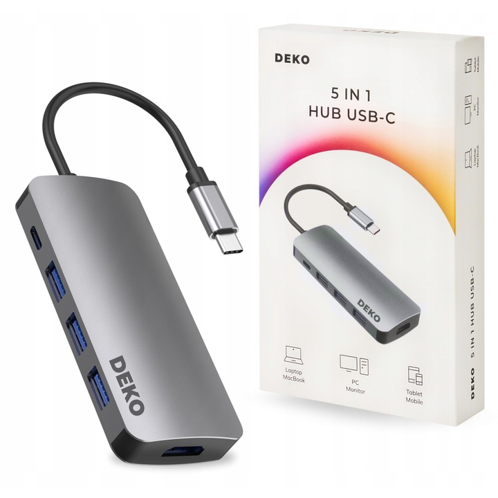 DEKO 5 az 1-ben USB-C dokkolóállomás, 4K HDMI, 3xUSB-A, 100W, 101,2x43,2x15,6mm