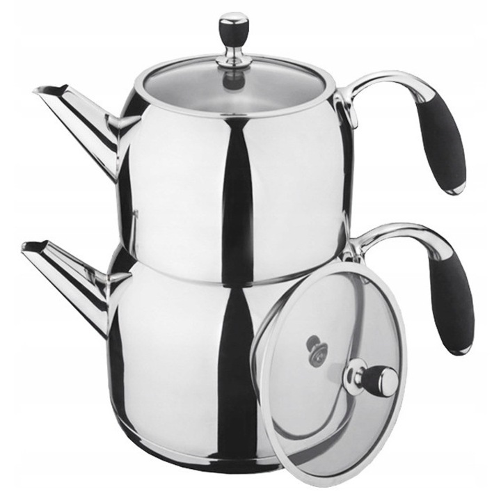 Ceainic dublu din otel, Roland, 1L + 2L, pentru ceai turcesc, cu manere din silicon, compatibil cu toate tipurile de plite