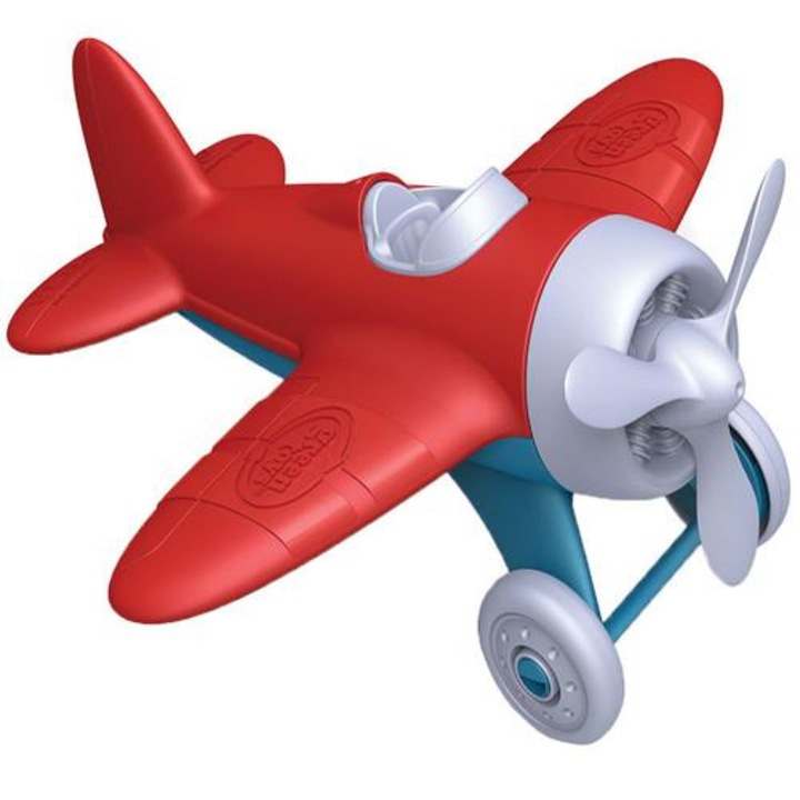 Avion de jucarie, Bigjigs Toys, cu elice rotativa, roti duble, rosu, dimensiuni usor de manevrat