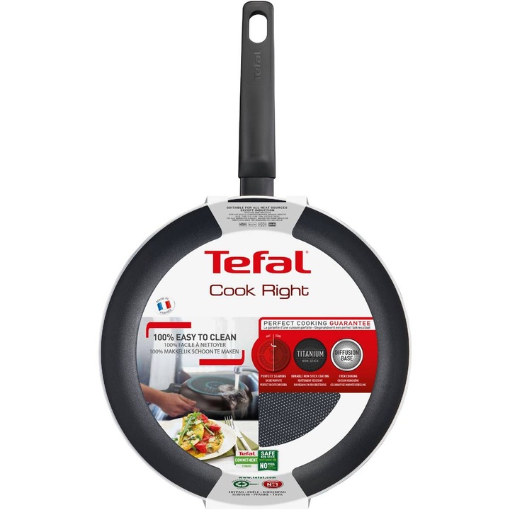 Тиган Cook Right Tefal 28см, титан, незалепващ, съвместим с газови, електрически, керамични котлони