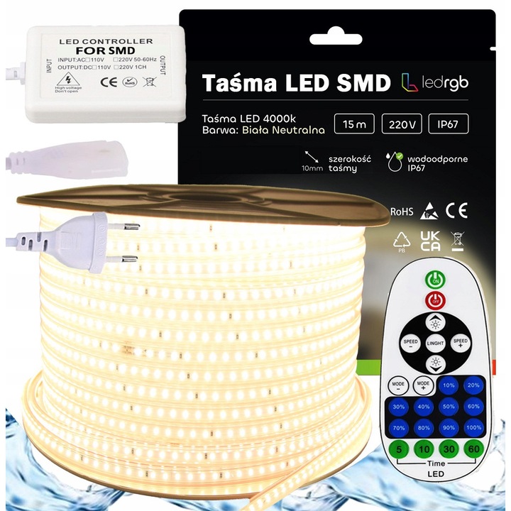 Комплект LED ленти SMD 230V 15м, неутрално бяло 4000K, IP67, димер, дистанционно управление