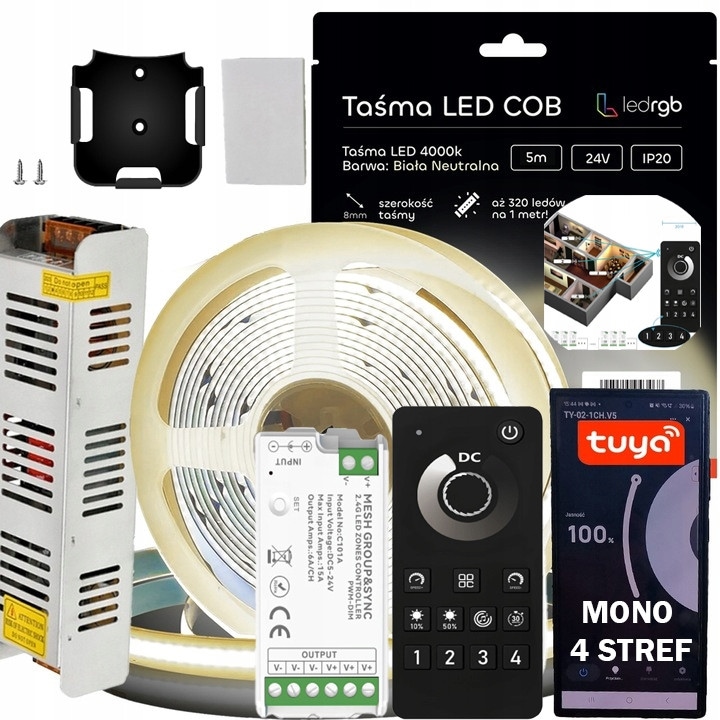Комплект LED COB лента 24V 5м 4000K, WiFi захранване, контролер с RF дистанционно, бял