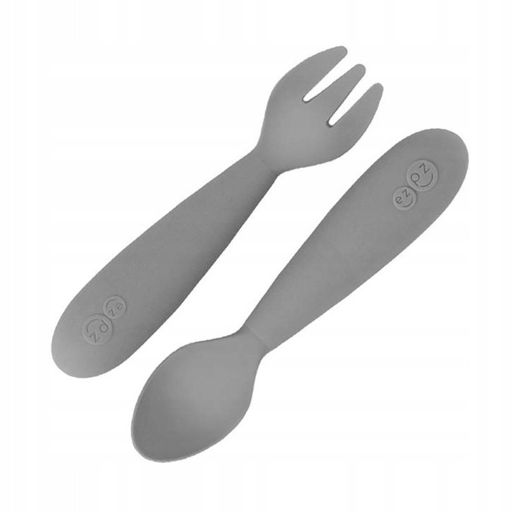 Set de ustensile din silicon EZPZ Mini Utensils, gri, hipoalergenic, lavabil in masina de spalat vase