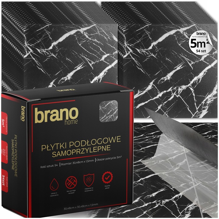 BRANO öntapadós vinyl padlólapok, 54 db-os készlet, 30,48x30,48cm, fekete, 5m
