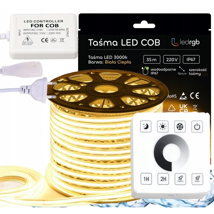 Комплект COB LED ленти 230V 35м 3000K топло бяло със захранване и RF контролер