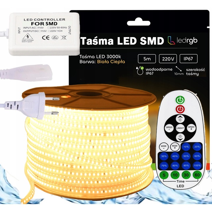 Комплект LED ленти ledrgb 5м 3000K топло бяло, IP67, с IR дистанционно