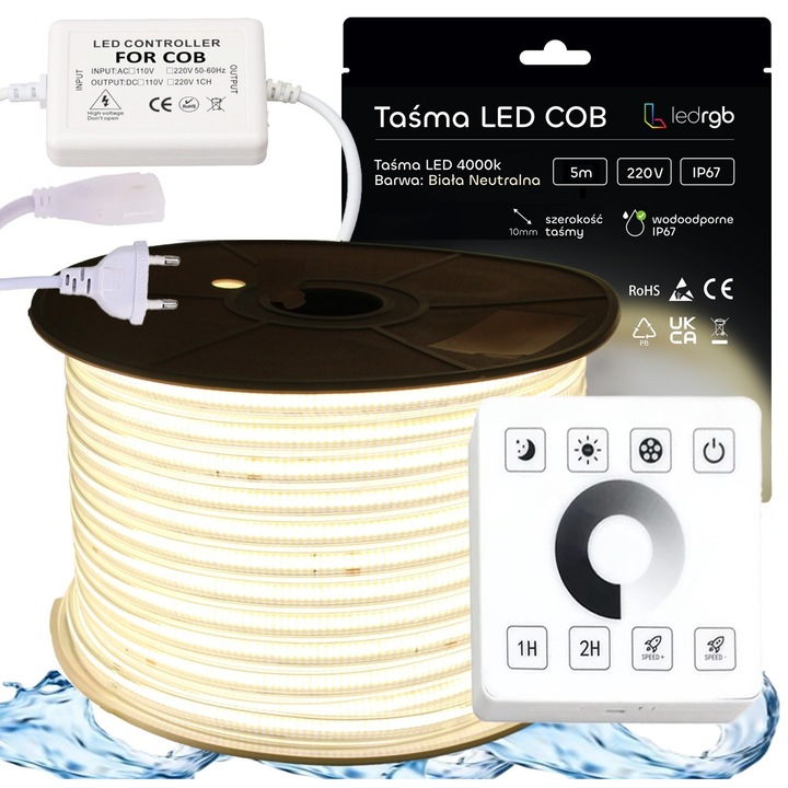 Комплект LED COB ленти 230V 15м 4000K неутрално бяло със захранване и RF контролер