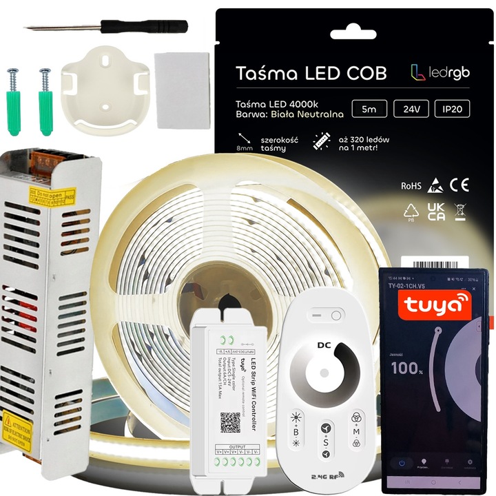 Комплект LED COB ленти 12V 5м 4000K Неутрално бяло със WiFi захранване и RF дистанционно