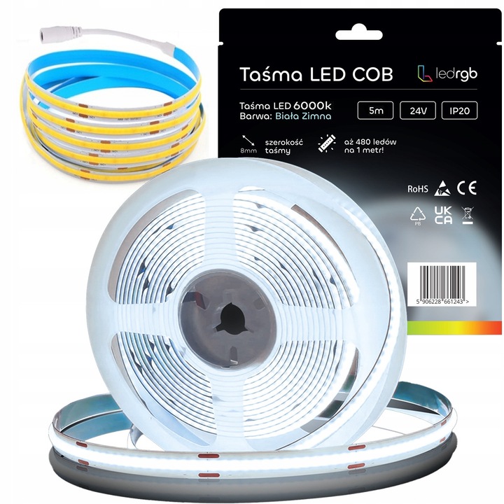 Banda LED Neon COB 24V 5m 480 diodi 6000K alb rece IP20 8mm