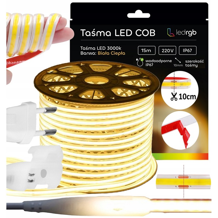 Set banda LED COB 15m 230V alb cald 3000K, IP67, taiere la 10cm, autoadeziva