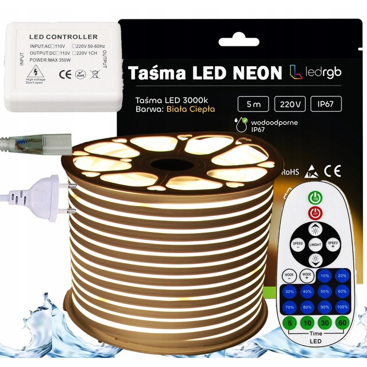 Set benzi LED neon 230V 5m 3000K alb cald cu alimentator si telecomanda