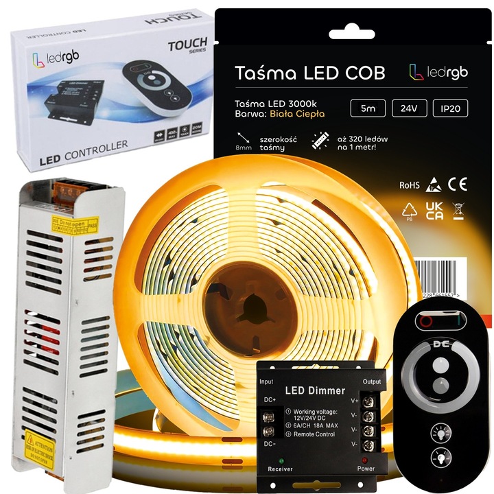 Set banda LED COB LEDRGB Premium, 24V, 320 LED/m, dimabil 1-100%, alimentator 60W, pilot RF, Alb cald 3000K, 5m