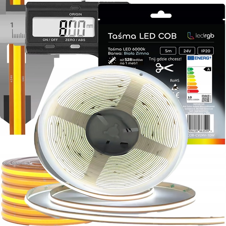 LED COB лента 24V 5м 528 6000K Студено Бяло Свободно Рязане 8мм