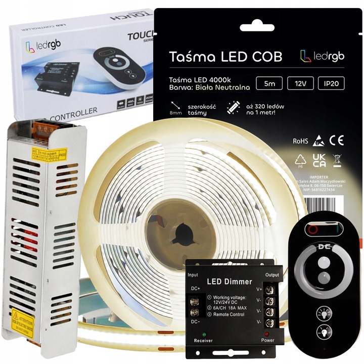 Комплект LED COB лента 12V 5м 4000K Неутрално бяло със захранване и радио пилот