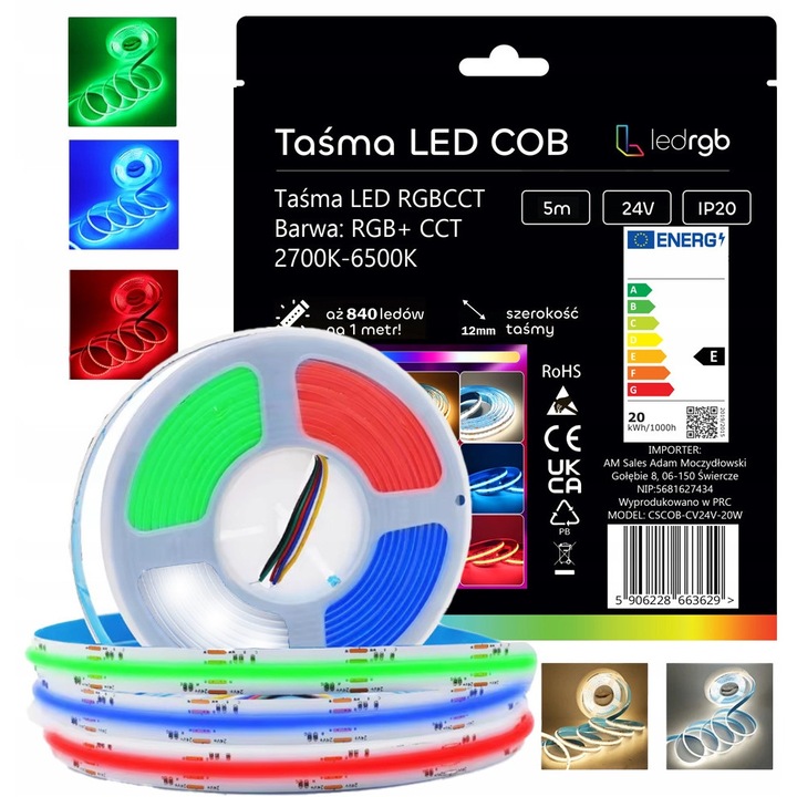 Banda LED RGB+CCT 24V 20W/m 12mm, 2700-6500K, 840 LED/m, alb cald/neutru/rece