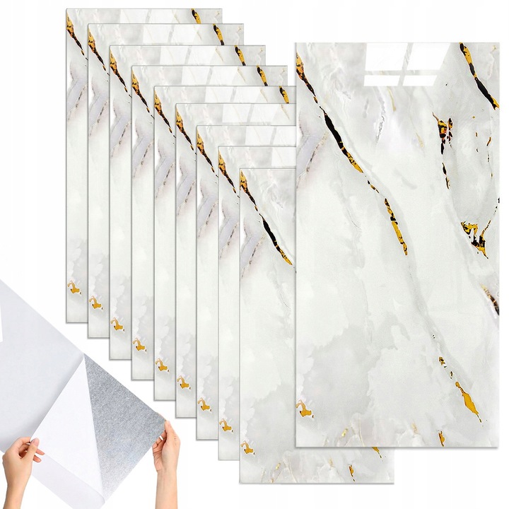 Set 10 Panouri Decorative Autoadezive Marmura 60x30cm, Nuante de Gri, Alb si Aur