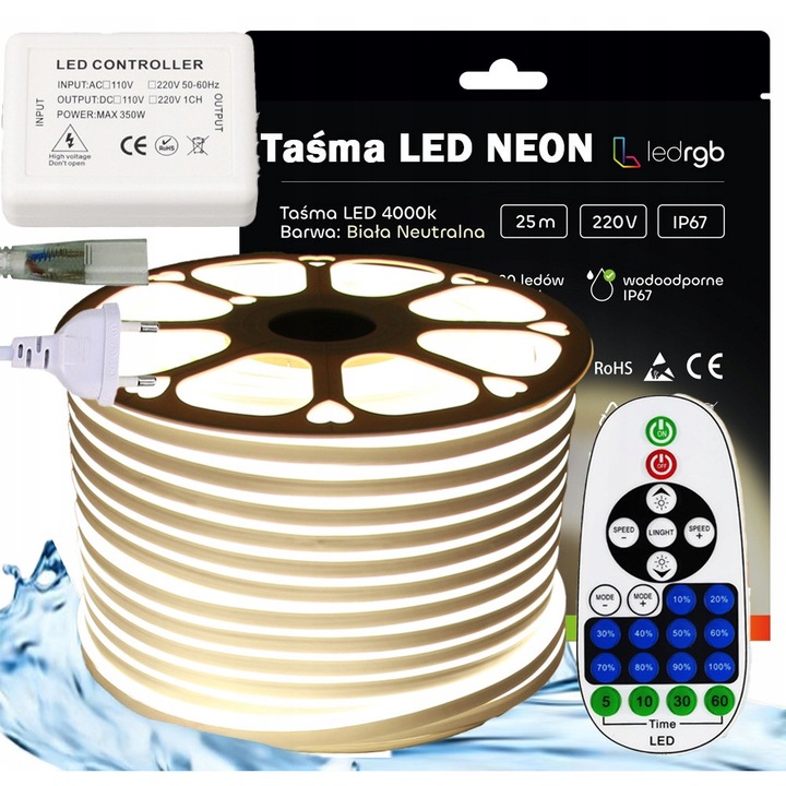 Комплект LED неонови ленти 230V 25м 4000K неутрално бяло с IR контролер