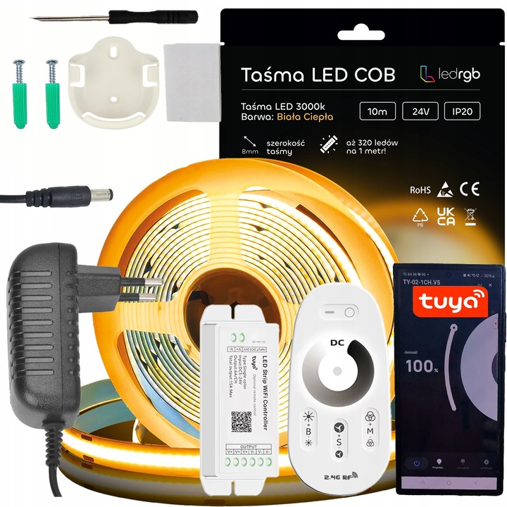 Set Benzi LED COB 24V 10m 3000K Alb Cald, Zasilator, Controler WiFi, Pilot RF