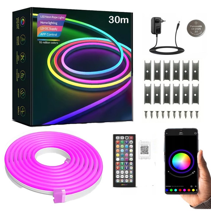 Banda LED Neon 30m (2x15m) RGB, aplicatie Bluetooth, IP67, 24V, set complet