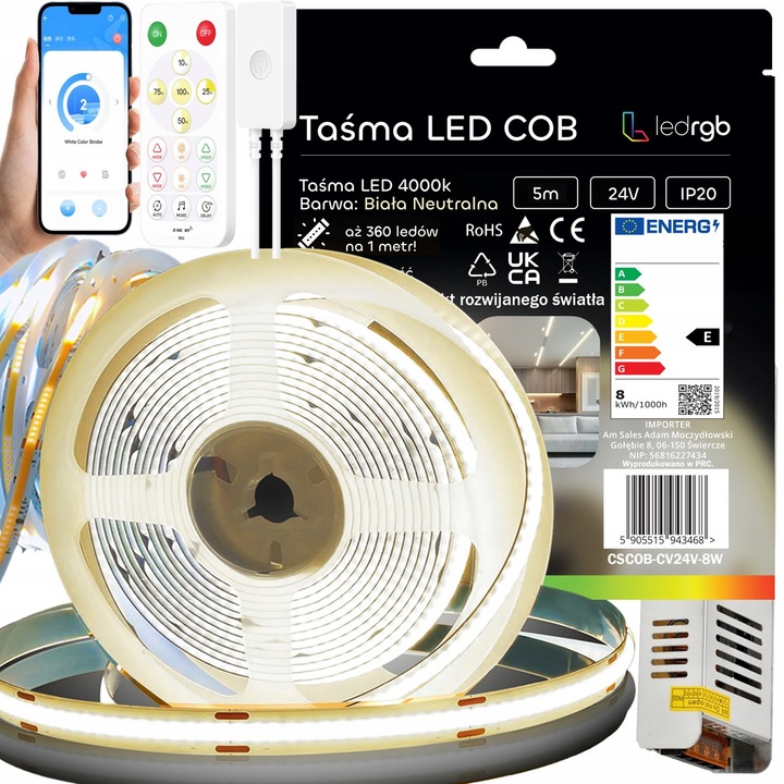 Комплект COB LED лента 5м 24V ledrgb, неутрално бяло, течащ ефект, 4000K, 60W