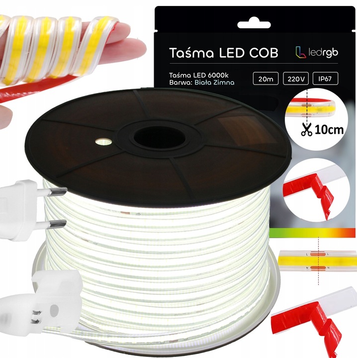 Set banda LED COB 20m 230V alb rece 6000K impermeabil IP67, taiere la 10cm