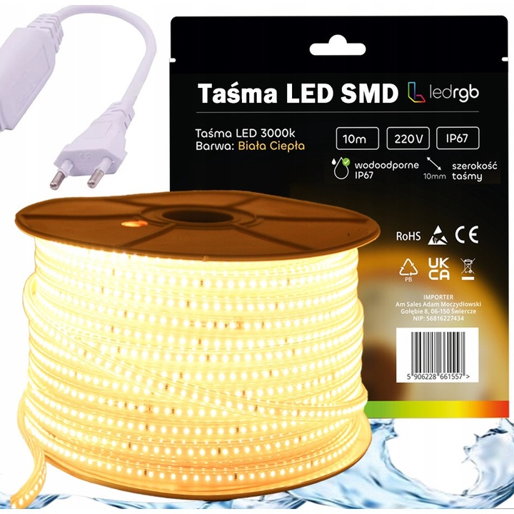 Комплект LED SMD лента 220V 10м 3000K Топло Бяло IP67