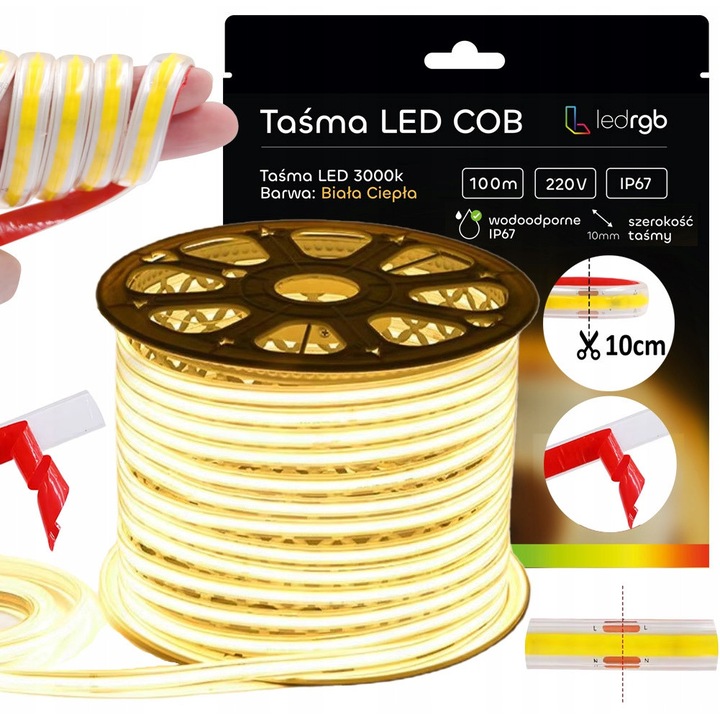 COB LED szalag 100m 230V meleg fehér 3000K, 10cm-enként vágható, IP67, tápegység nélkül
