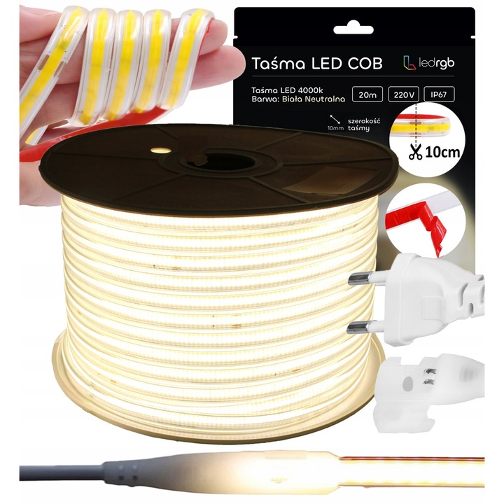Set banda LED COB 20m 230V alb neutral 4000K, taiere la 10cm, IP67, autoadeziva