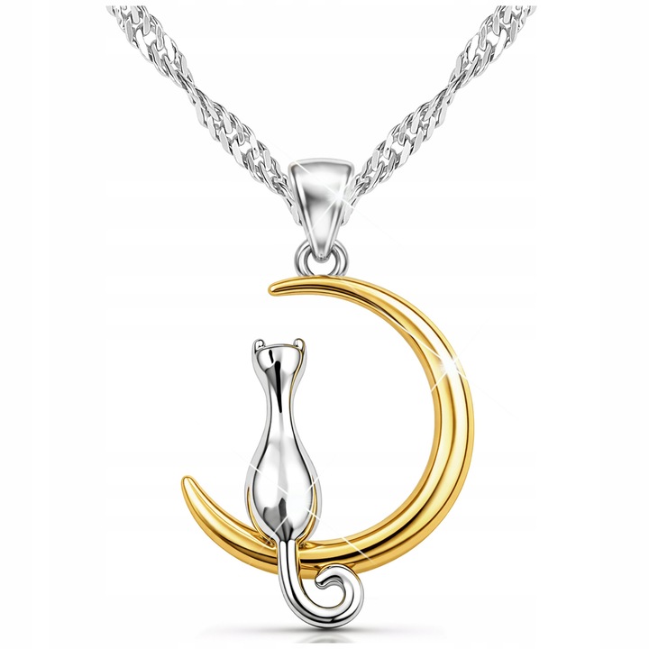 Colier argintiu cu pisica pe luna, Larezo, 42cm, design unic, argint 925