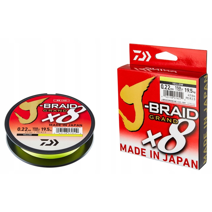 Daiwa J-Braid Grand X8 fonott zsinór, 8 szál, 135m, 0,22mm, sárga