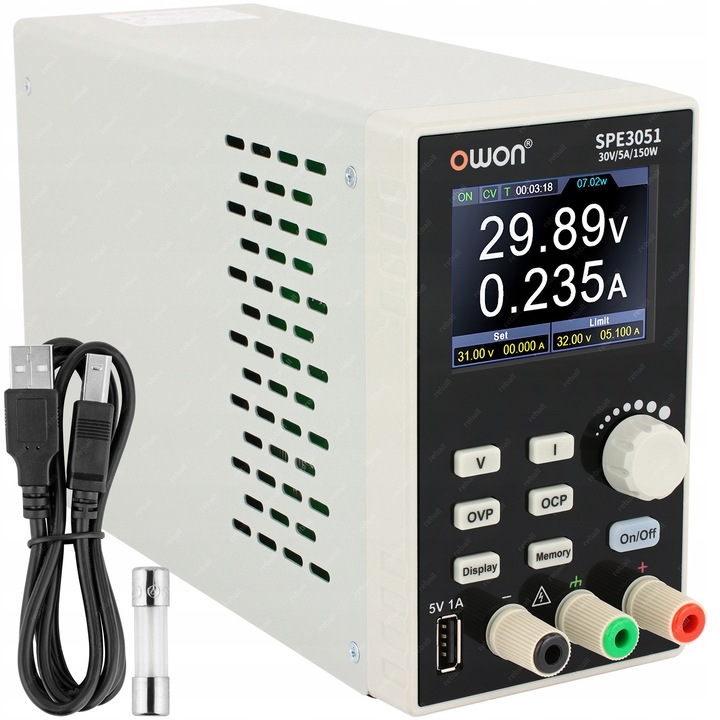 Програмируем захранващ блок OWON SPE3051, 0-30V DC, 0-5A, 150W, LCD 2,8", пълен комплект