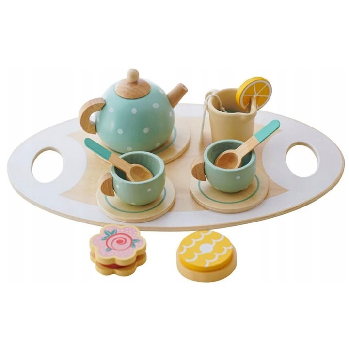 Set de ceai din lemn pentru copii, 15 piese, culori pastelate, dimensiuni tavita 29x17,5cm